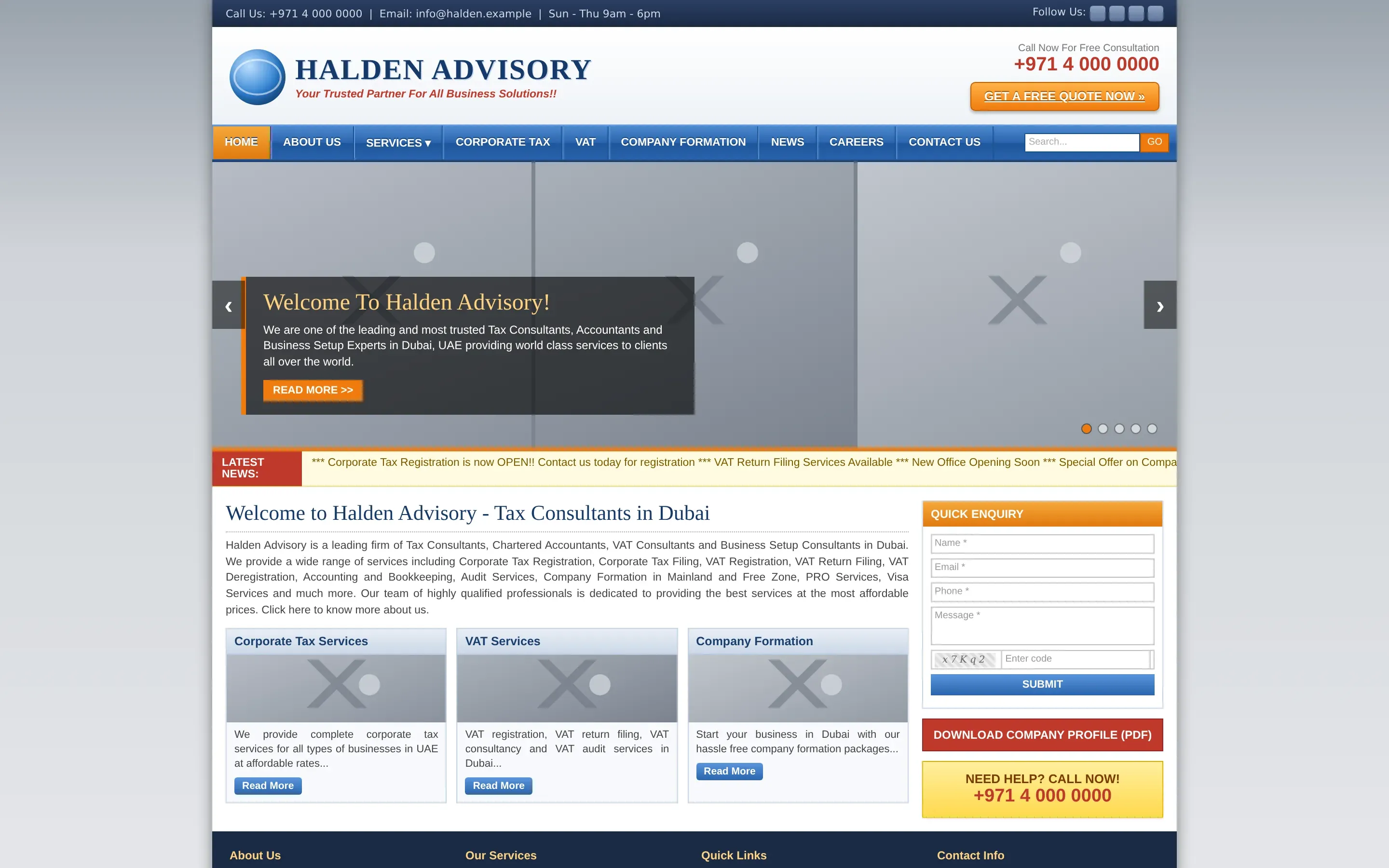Illustrative before state of the Halden Advisory homepage, with a glossy blue menu, a grey image slider, a news ticker, small justified text and a crowded enquiry sidebar