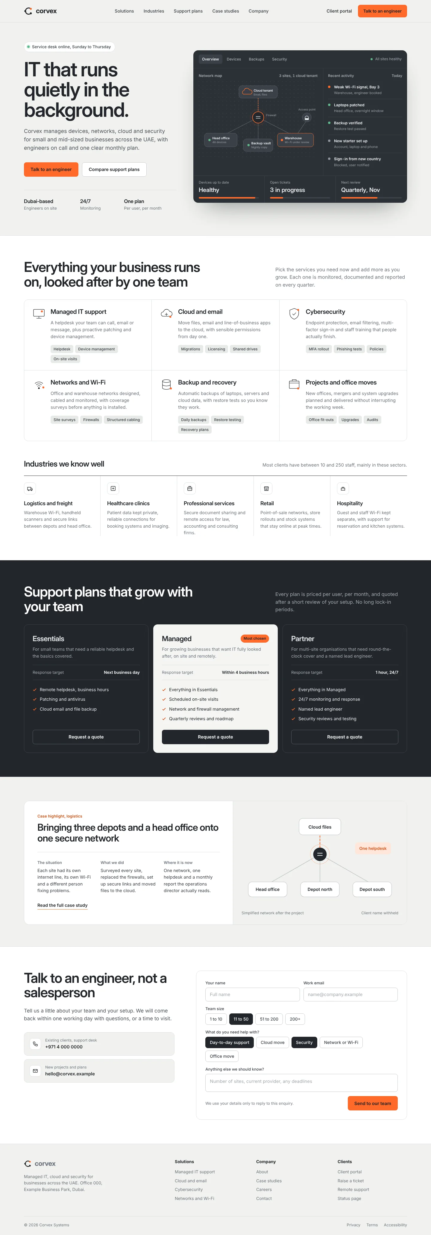 Full Corvex Systems homepage with a six-part solutions grid, an industries row, three support plans, a logistics case highlight with a network diagram and a contact form