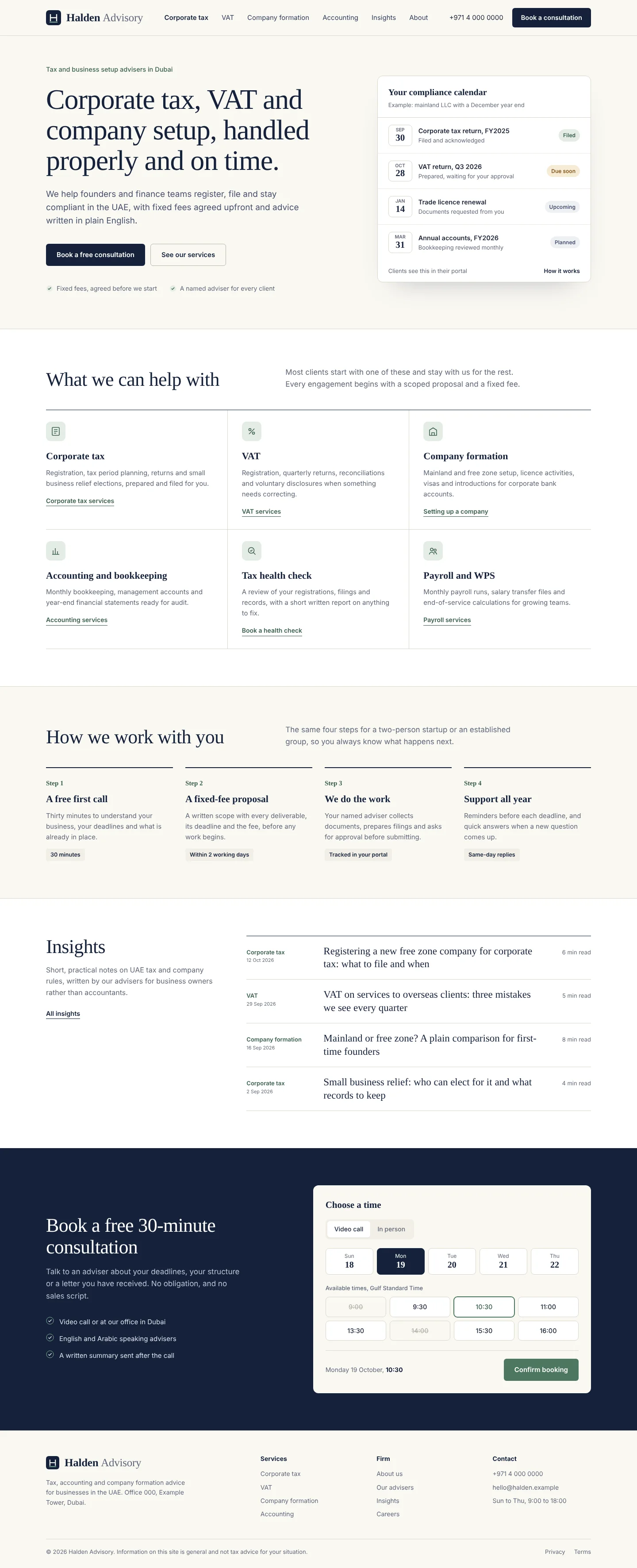 Full redesigned Halden Advisory homepage with six service tiles, a four-step process, an insights list and a consultation booking panel