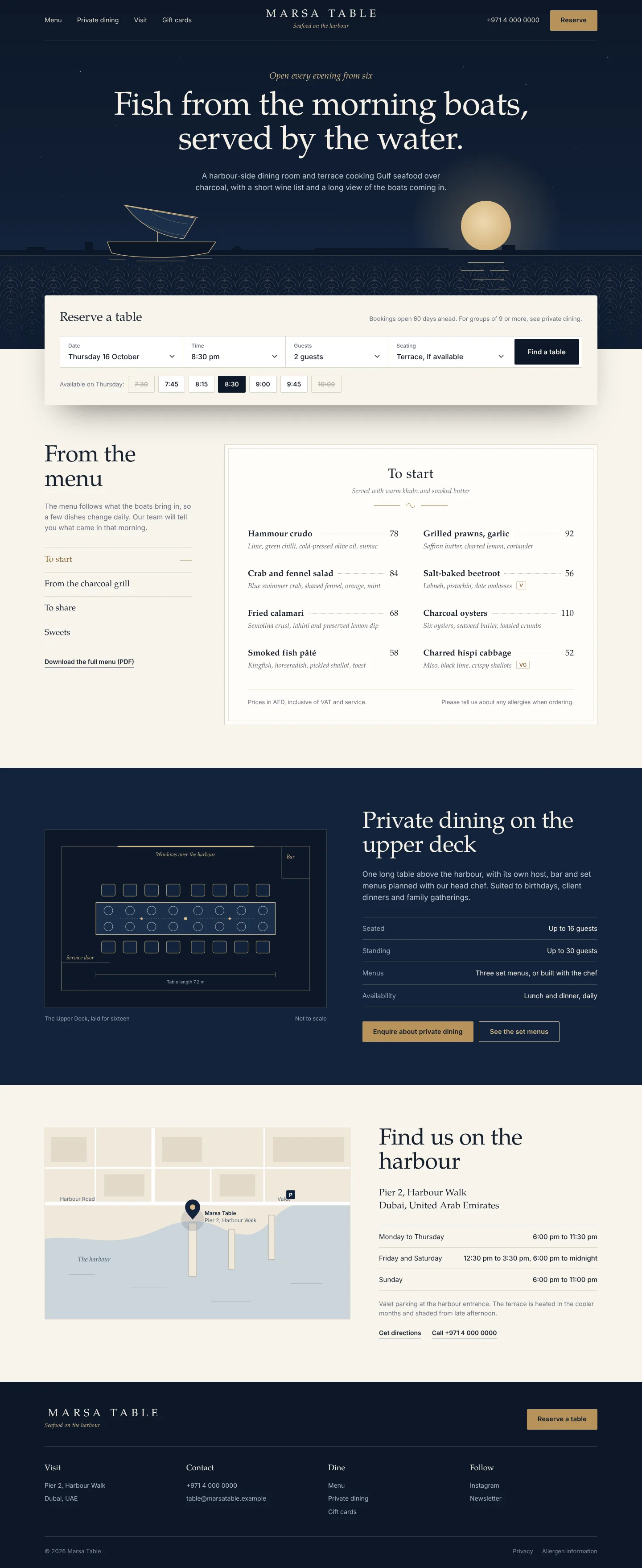 Full Marsa Table homepage with the booking widget and available times, a typographic starters menu with prices, a plan drawing of the private dining table, a harbour map and opening hours