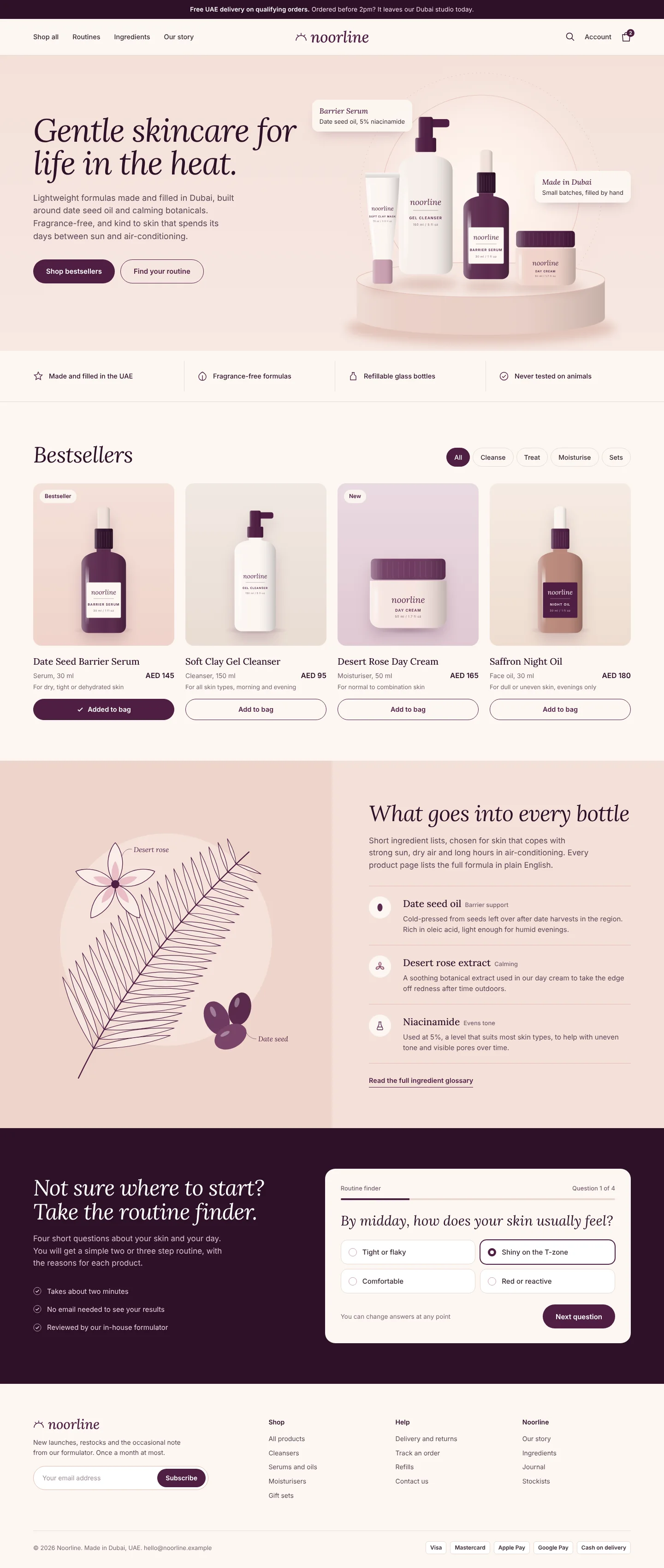 Full Noorline homepage with a bestsellers grid, an ingredient story beside a botanical drawing, the routine finder quiz and a footer listing payment options