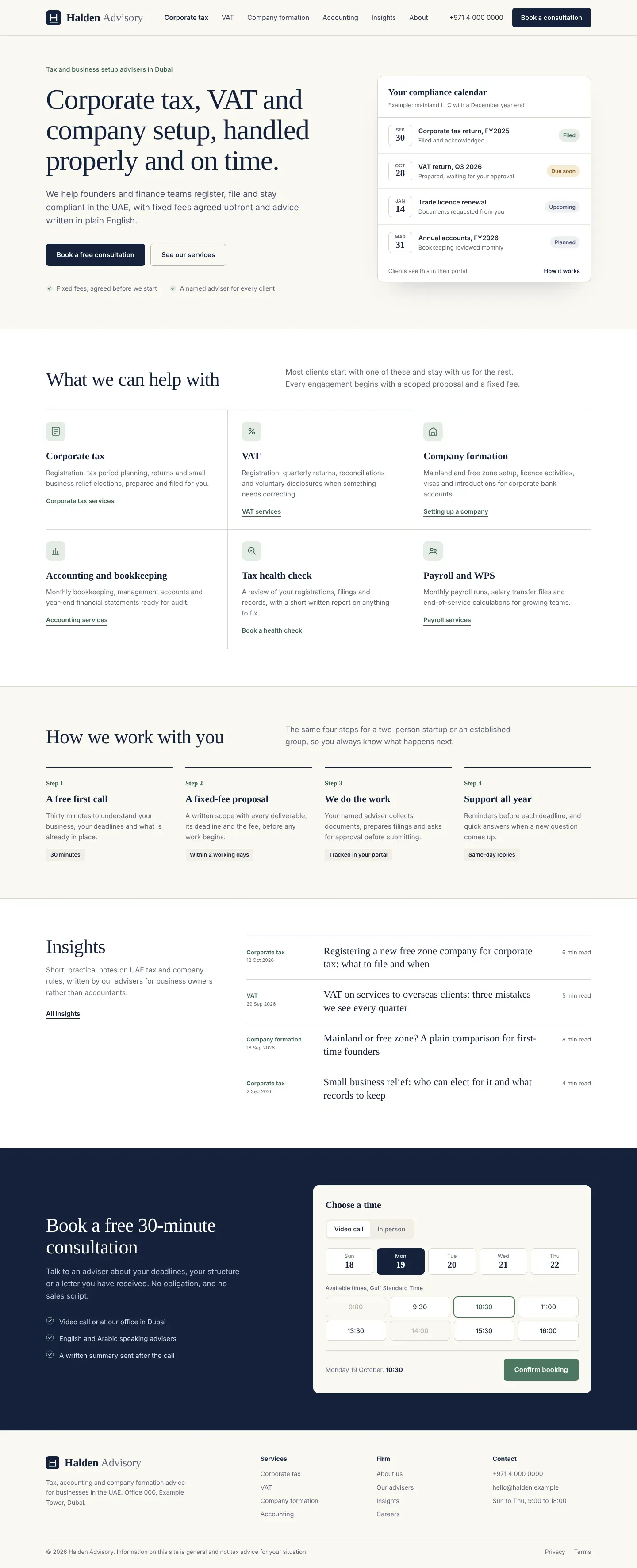 Full redesigned Halden Advisory homepage with six service tiles, a four-step process, an insights list and a consultation booking panel