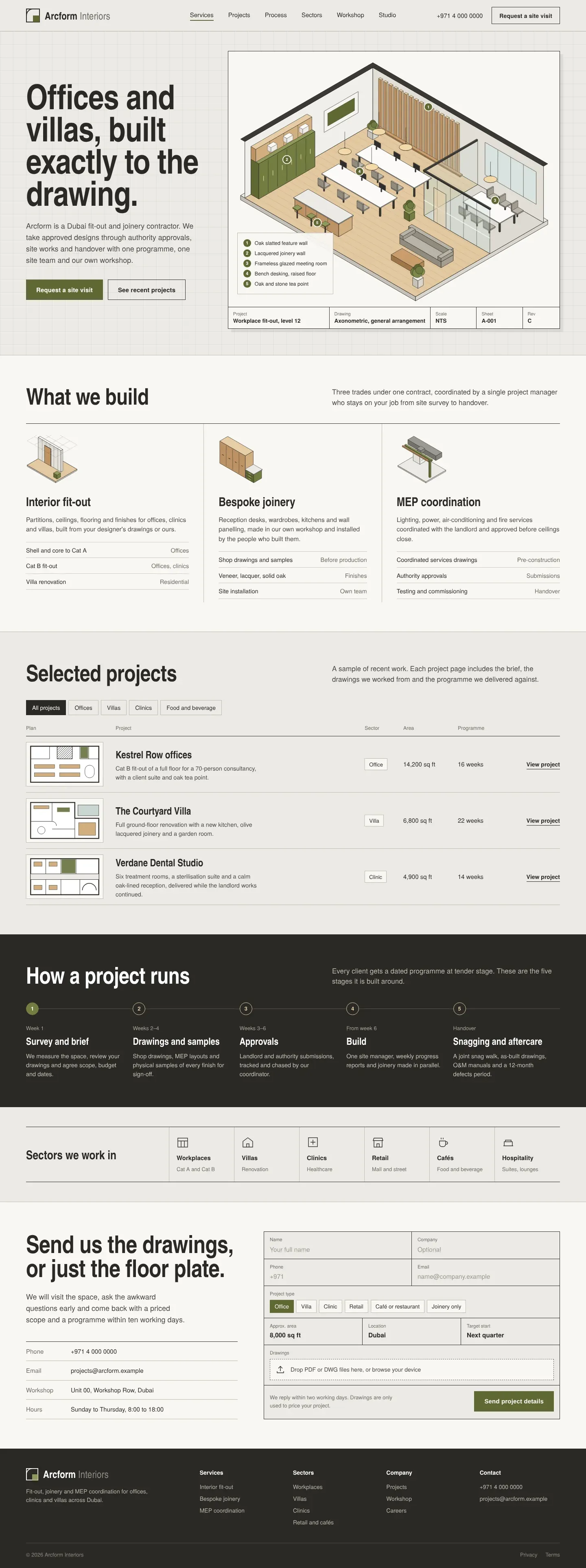 Full Arcform Interiors homepage with three illustrated services, a project table with floor plan thumbnails, a dark process timeline, a sectors row and a contact form styled like a title block