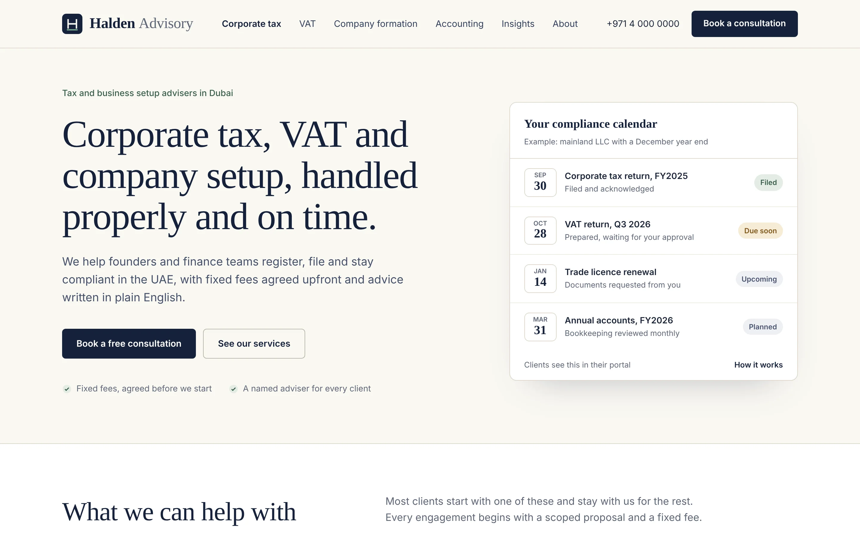 Redesigned Halden Advisory homepage with a large serif headline about corporate tax, VAT and company setup, two buttons and an example compliance calendar card