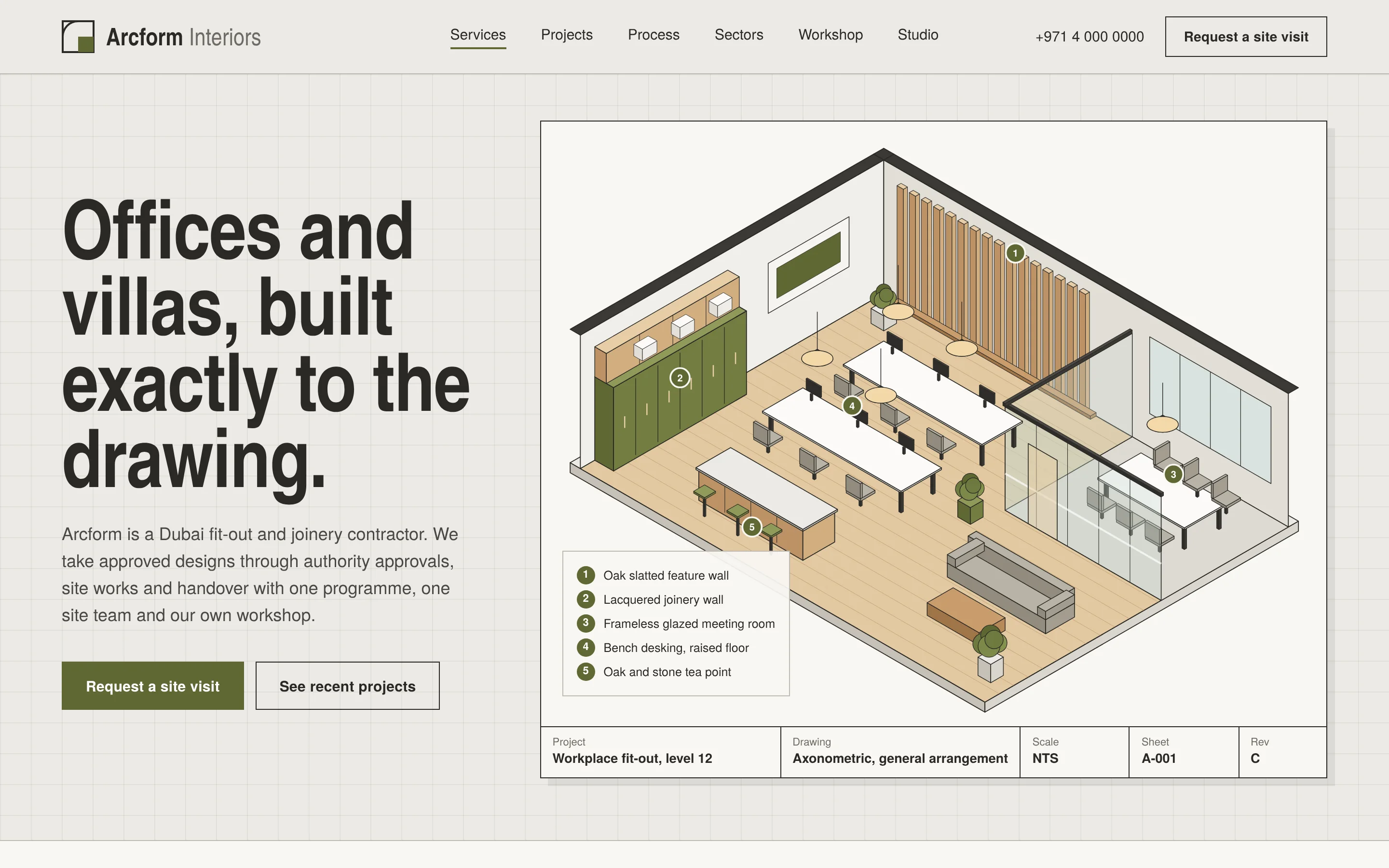 Arcform Interiors homepage concept with a large condensed headline beside a detailed axonometric drawing of an office fit-out, a keyed legend and a drawing title block
