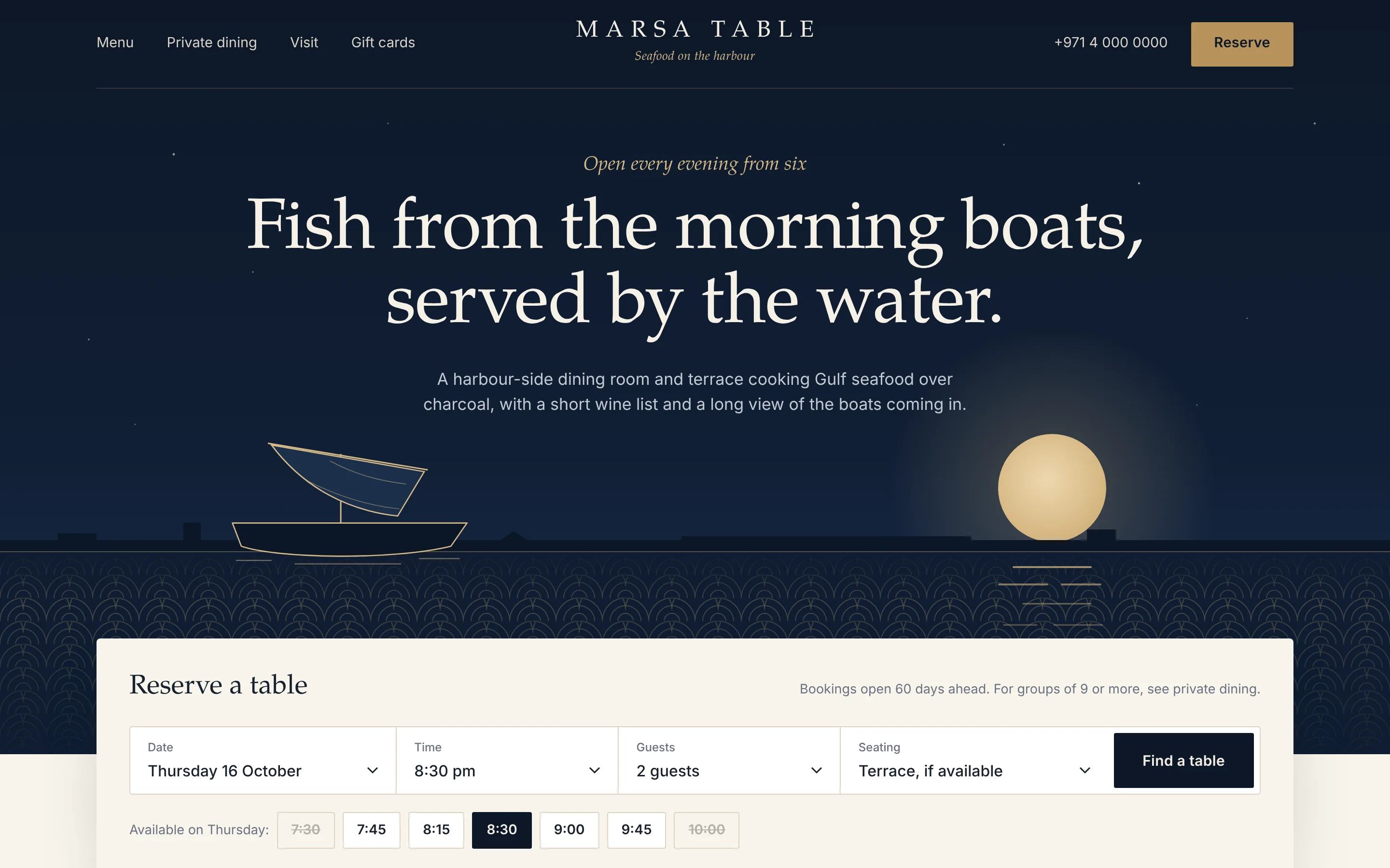 Marsa Table homepage concept in deep navy with a centred serif headline, a brass line drawing of a dhow and rising moon over a patterned sea, and a table booking panel