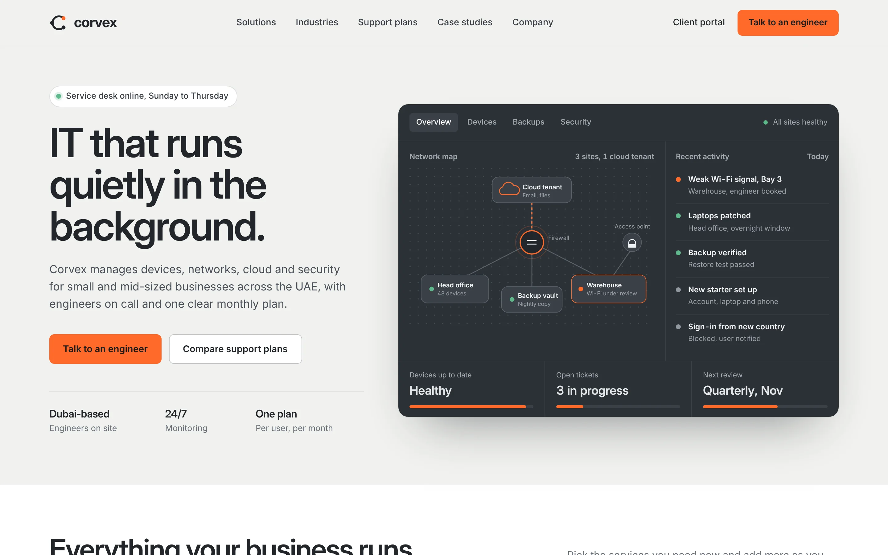 Corvex Systems homepage concept with a large sans-serif headline, an orange call to action and a graphite monitoring dashboard showing a network map and recent activity