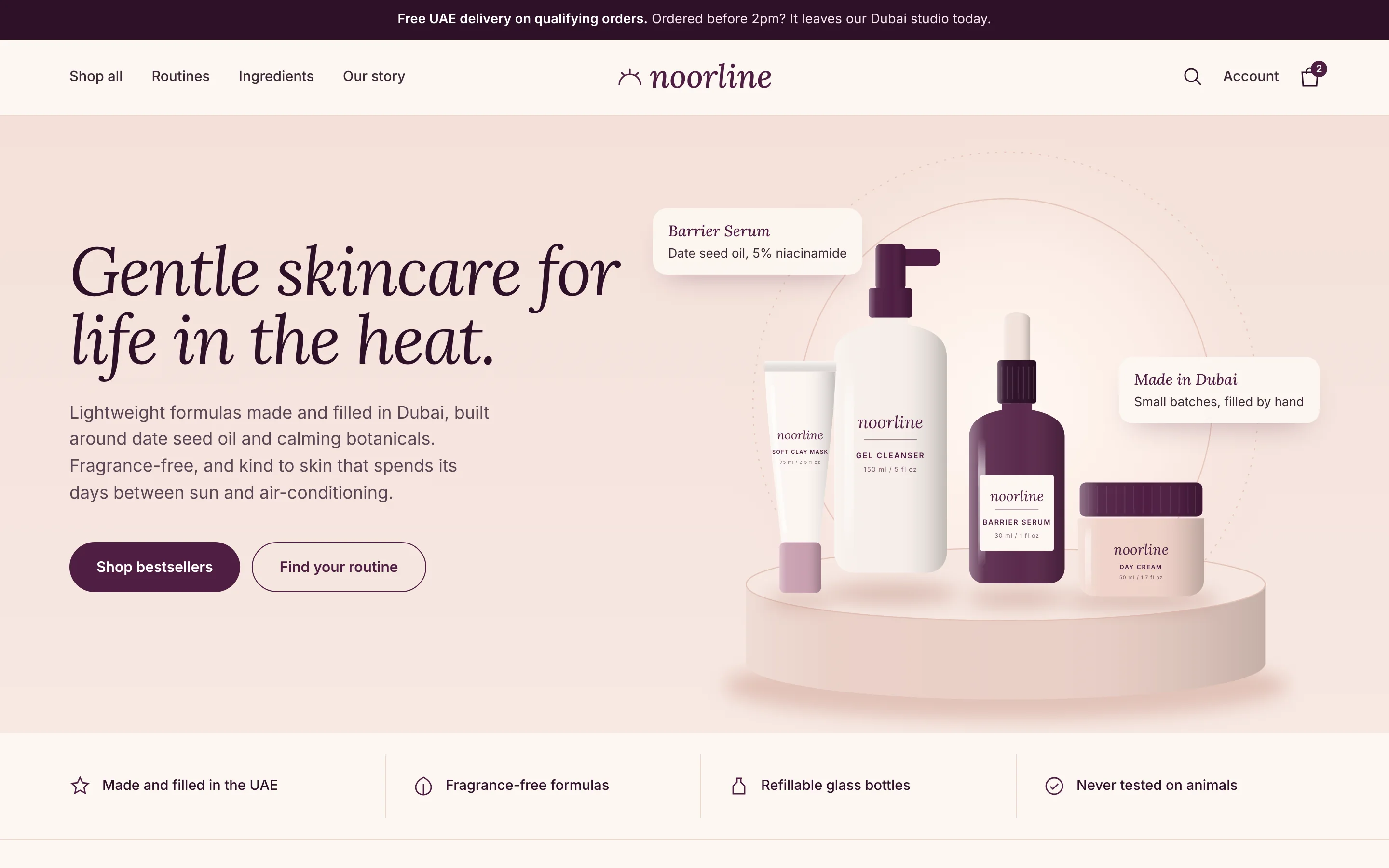 Noorline skincare homepage concept with an italic serif headline and an illustrated serum, cleanser, day cream and mask arranged on a blush plinth