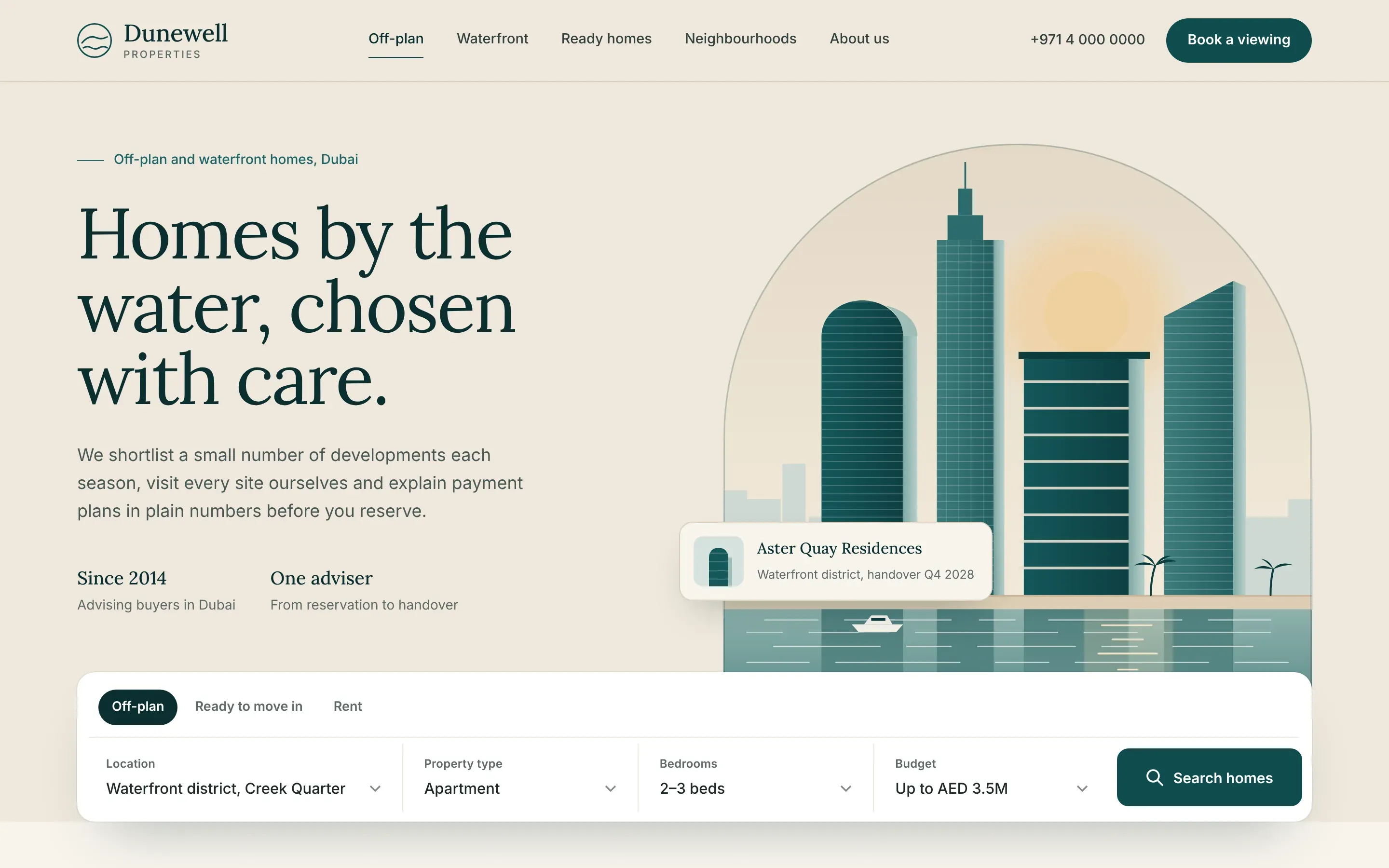 Dunewell Properties homepage concept with a serif headline, an arched illustration of waterfront towers at dusk and a property search bar across the hero