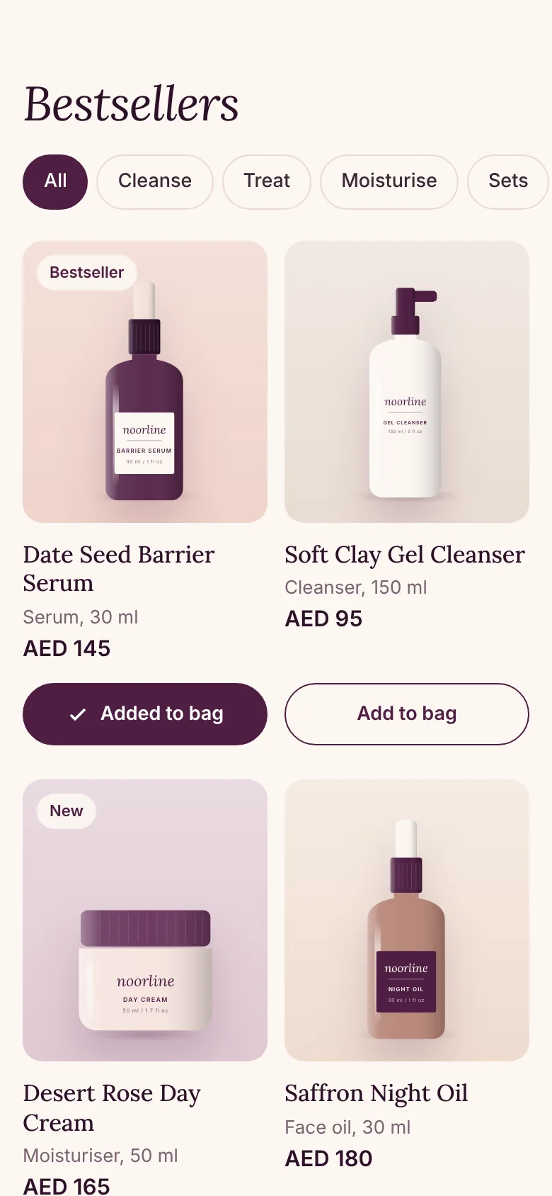 Noorline bestsellers on a phone in a two-column grid, each with an illustrated product, name, size, price and add to bag button