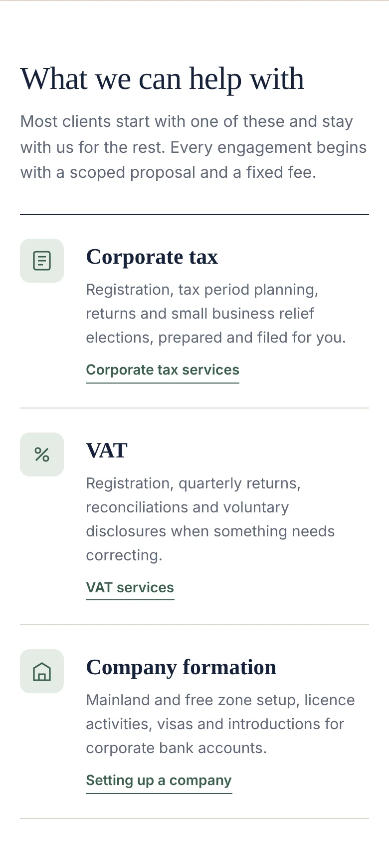 Halden Advisory services on a phone, each with an icon, a short description and a link to the service page