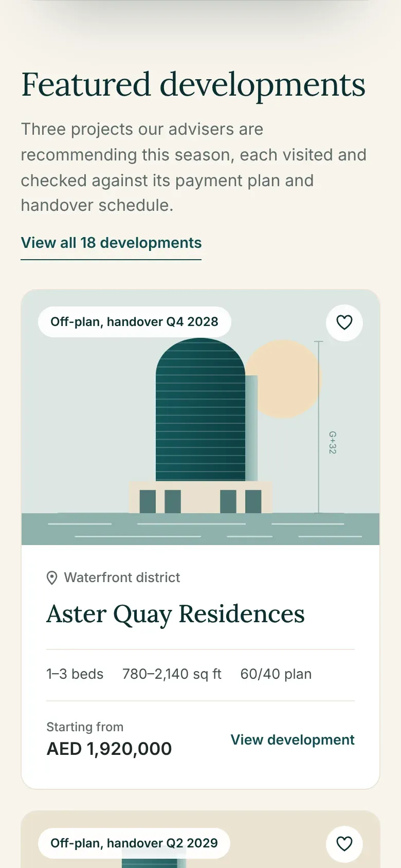 Featured developments on a phone, with an illustrated tower card showing location, bedrooms, size, payment plan and starting price