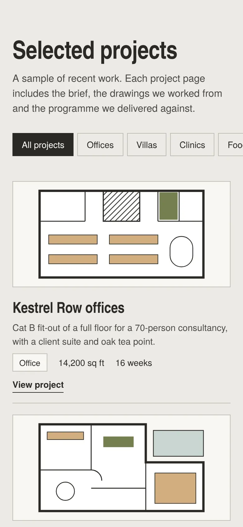 Selected projects on a phone, showing a floor plan thumbnail, project summary, sector tag, floor area and programme length