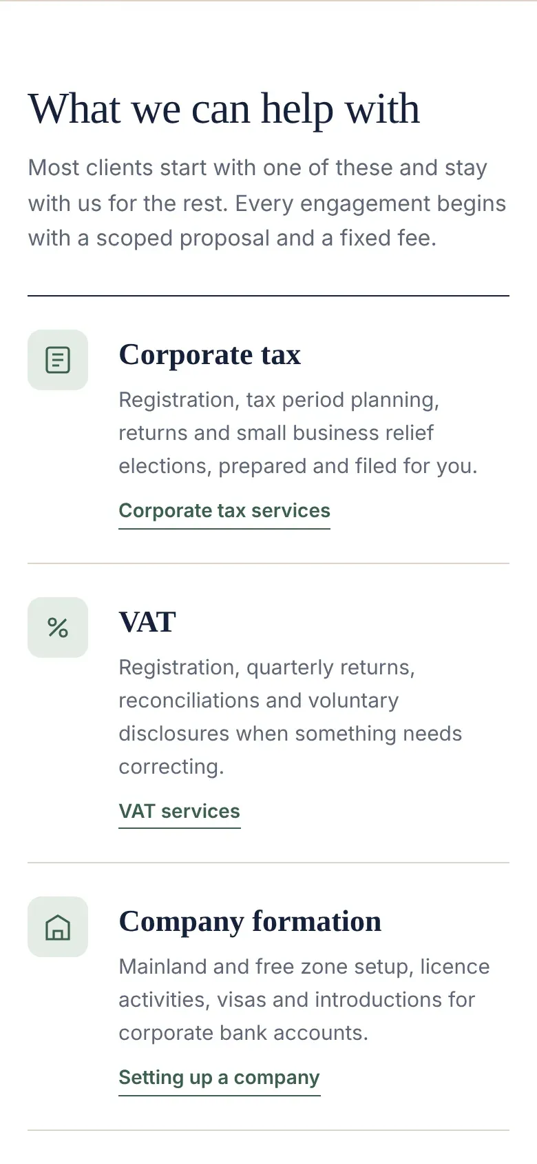 Halden Advisory services on a phone, each with an icon, a short description and a link to the service page