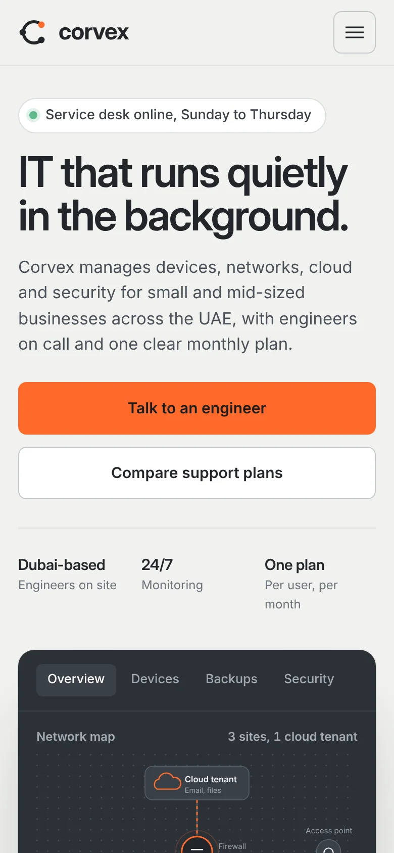Corvex Systems homepage on a phone with a service desk status pill, headline, full-width buttons and the top of the dashboard illustration