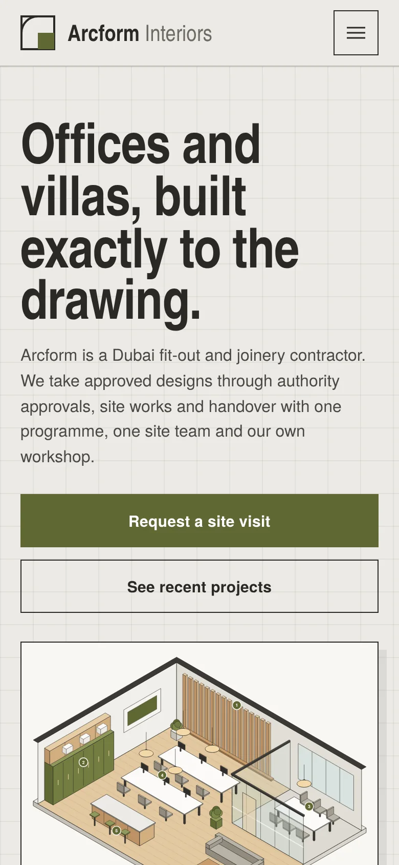 Arcform Interiors homepage on a phone with a condensed headline, two full-width buttons and the axonometric drawing below
