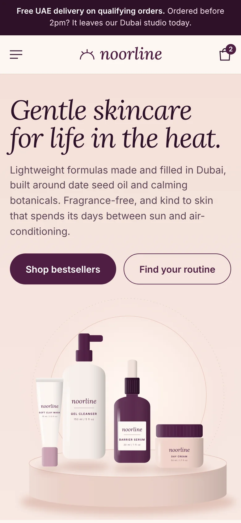 Noorline homepage on a phone with the delivery announcement bar, centred wordmark, italic headline, two buttons and product illustration