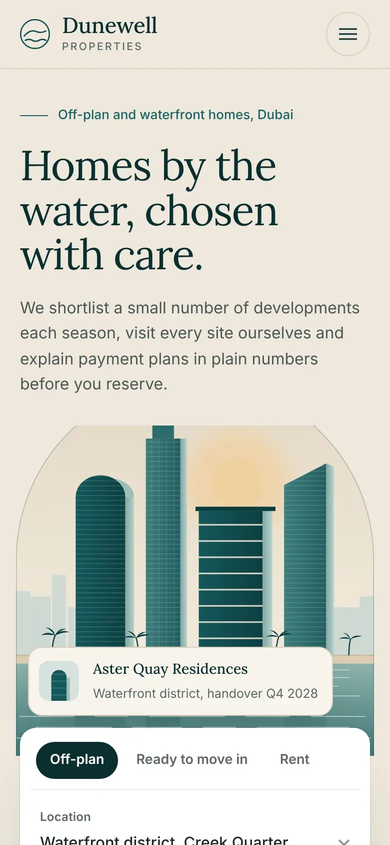 Dunewell Properties homepage on a phone, with a stacked headline, the arched skyline illustration and the start of the search panel
