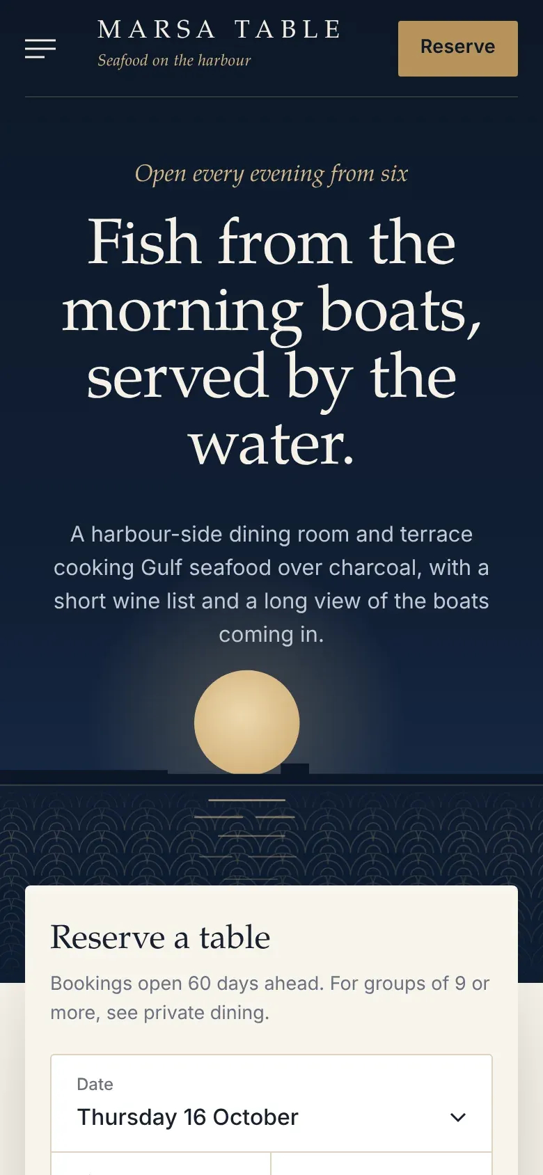 Marsa Table homepage on a phone with the wordmark, a brass reserve button, centred headline and a moon over the sea