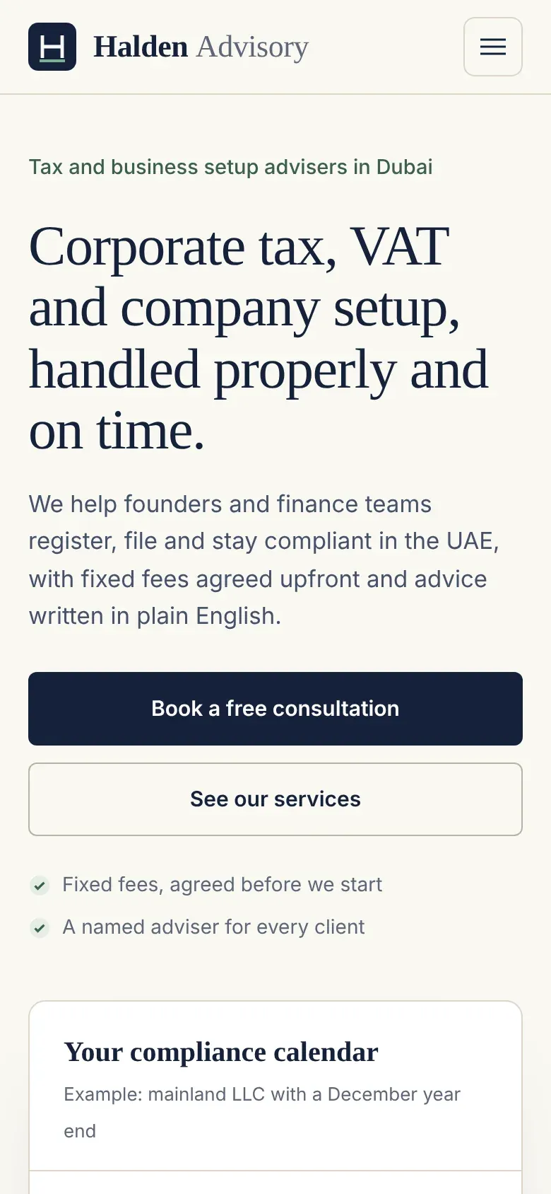 Redesigned Halden Advisory homepage on a phone with the headline, a full-width consultation button and two reassurance points